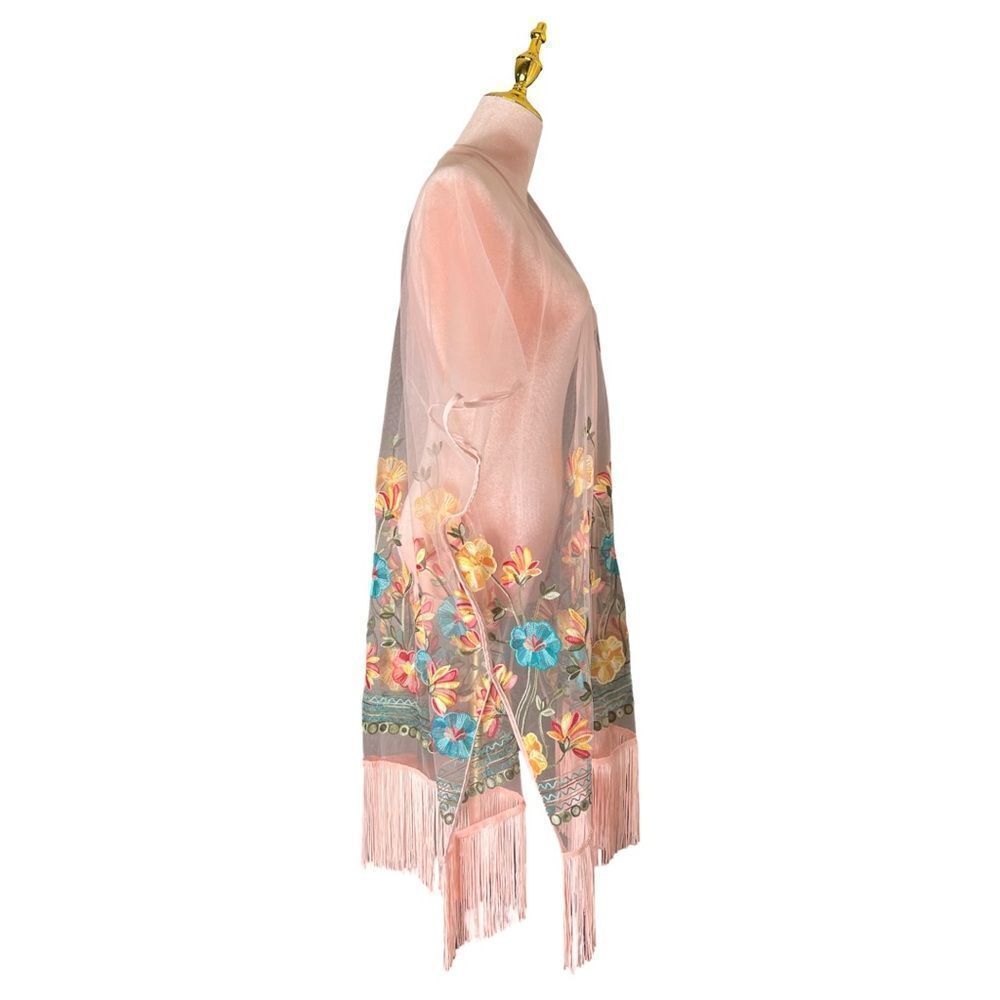 Haute Hippie Pink Mesh Floral Embroidered Fringe Boho, Festival Kimono, OS. NWT! - Picture 2 of 16